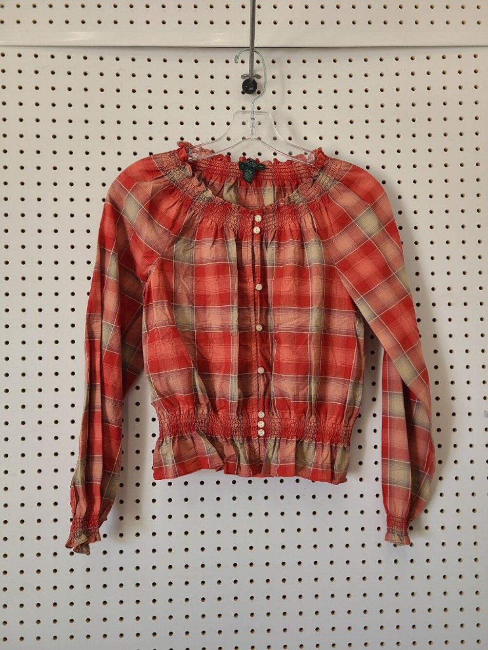 Ralph Lauren Red Plaid Smocked Blouse P/XS Petite 100% Cotton Long Sleeve